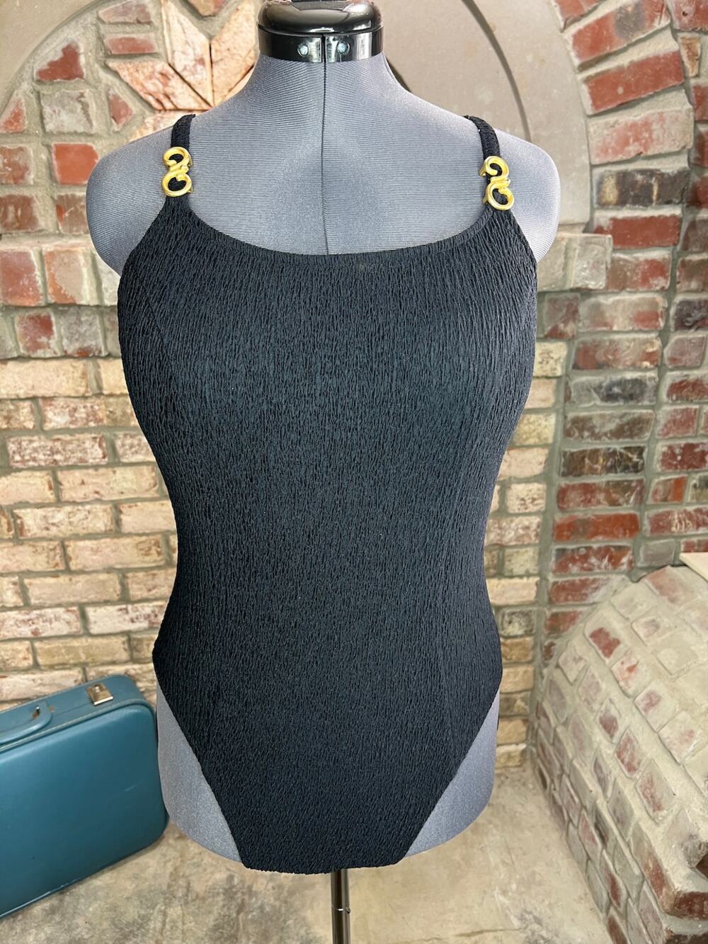 Jantzen one piece swimsuit Vintage black textured gold buckles